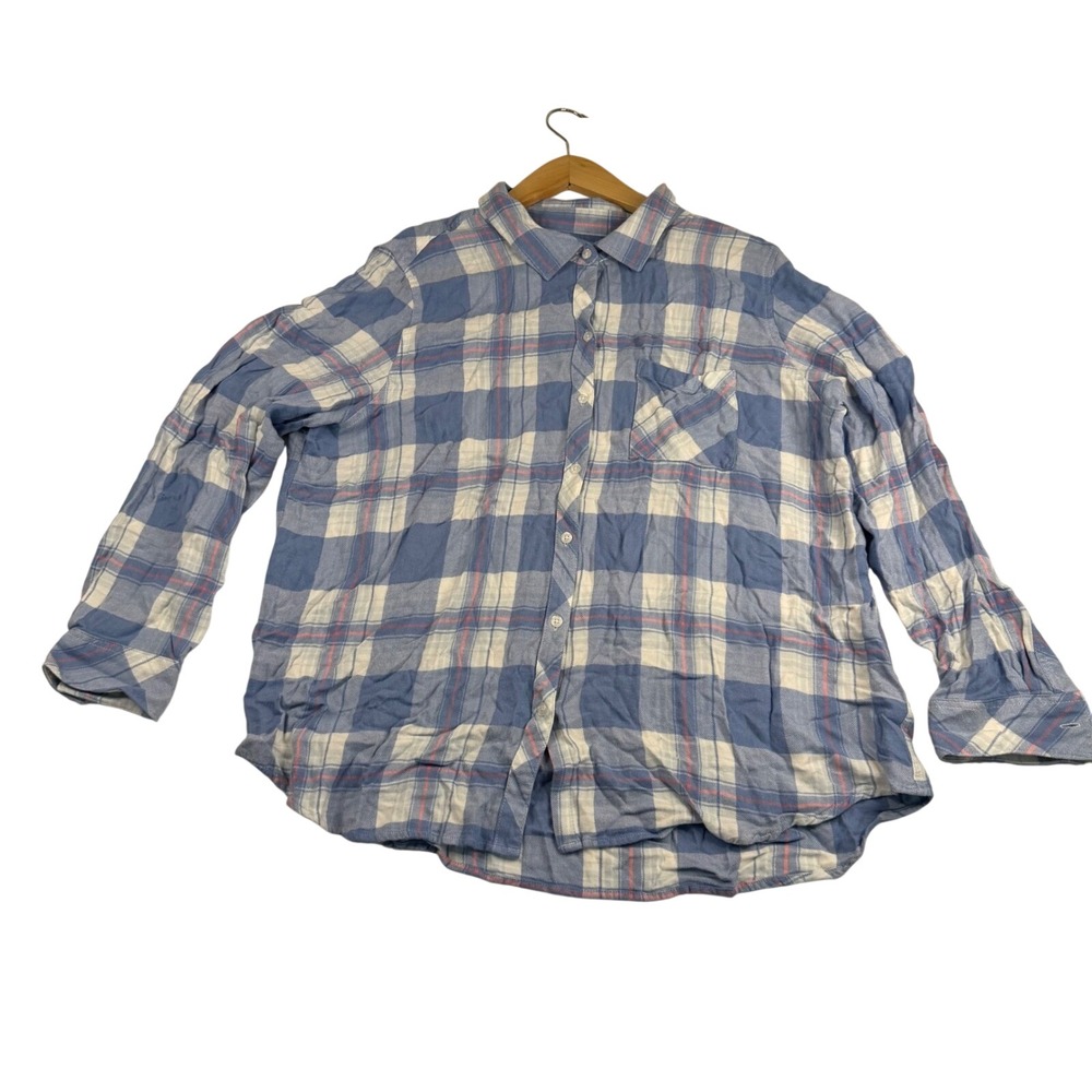 Well Worn Womens XL Blue White Plaid Button Long Sleeve Flannel Style Shirt